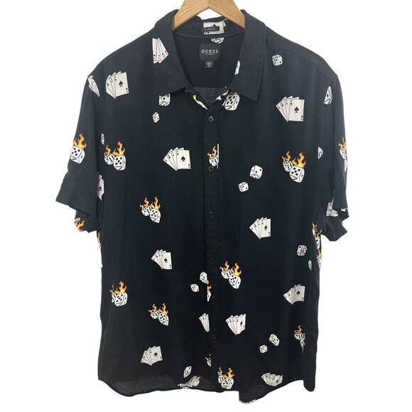 Guess Mens Flaming Dice Shirt XL Button Up Black Vegas Cards Poker Casino y2k - Picture 1 of 7